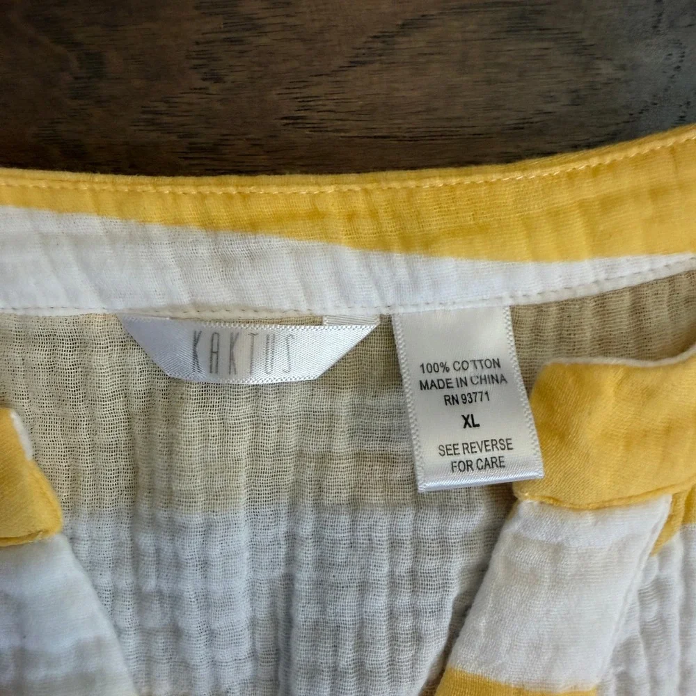 Kaktus Womens XL Yellow White Striped Cotton Gauze Roll Tab‎ Sleeve Tunic Top - Picture 2 of 7